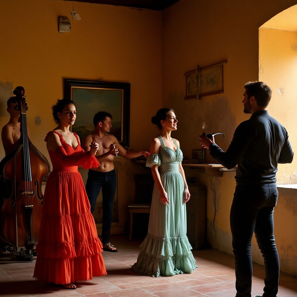 Un grupo de artistas de flamenco colaborando en un espacio creativo.